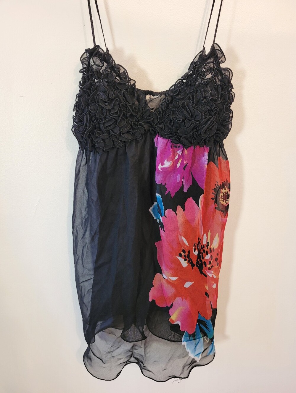 La SENZA Vintage Y2k Black Floral Cami Sheer Mesh Frilly Cup Top - Size M